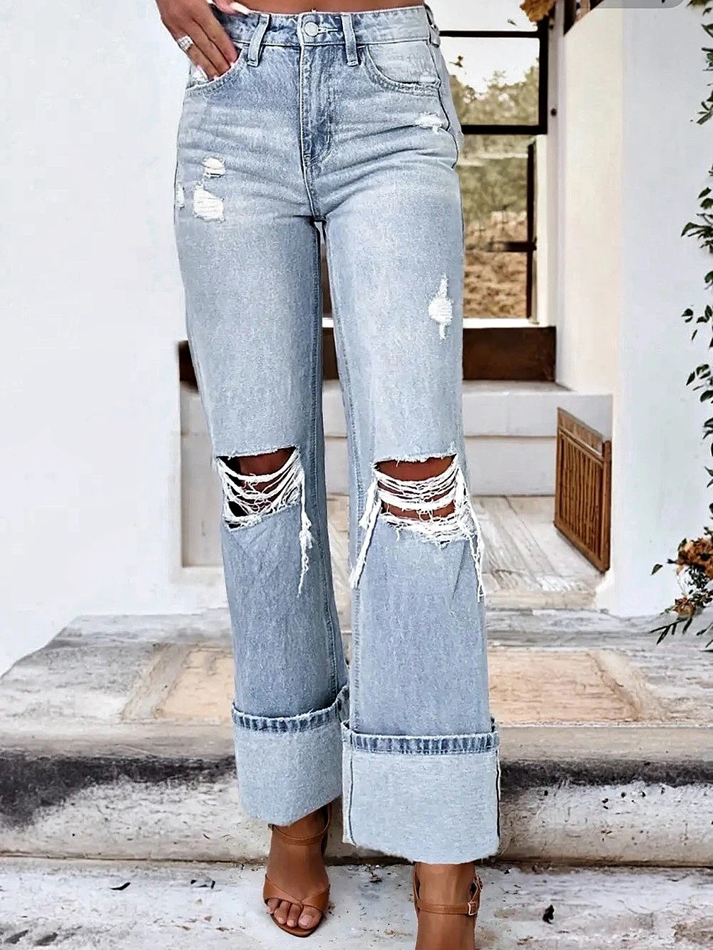 1 the Woman Light Wash Distressed Wide Leg Cuffed Jeans NWT